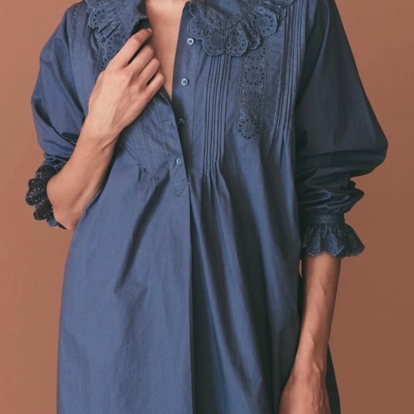 Doen Nerona Cotton Eyelet Ruffle Collar Long Sleeve Dress Atlantic Blue - Picture 3 of 12